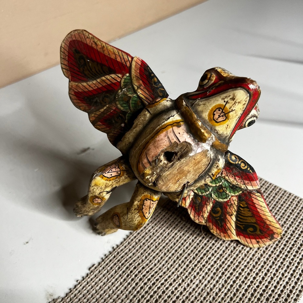 Vintage Hand Painted Wooden Flying Frog Alebrije Folk Art Winged Frog Figurine